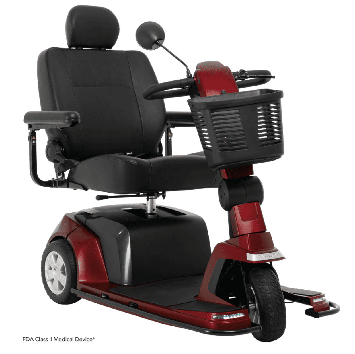 Red Pride Maxima mobility scooter with padded seat and basket for home care support.