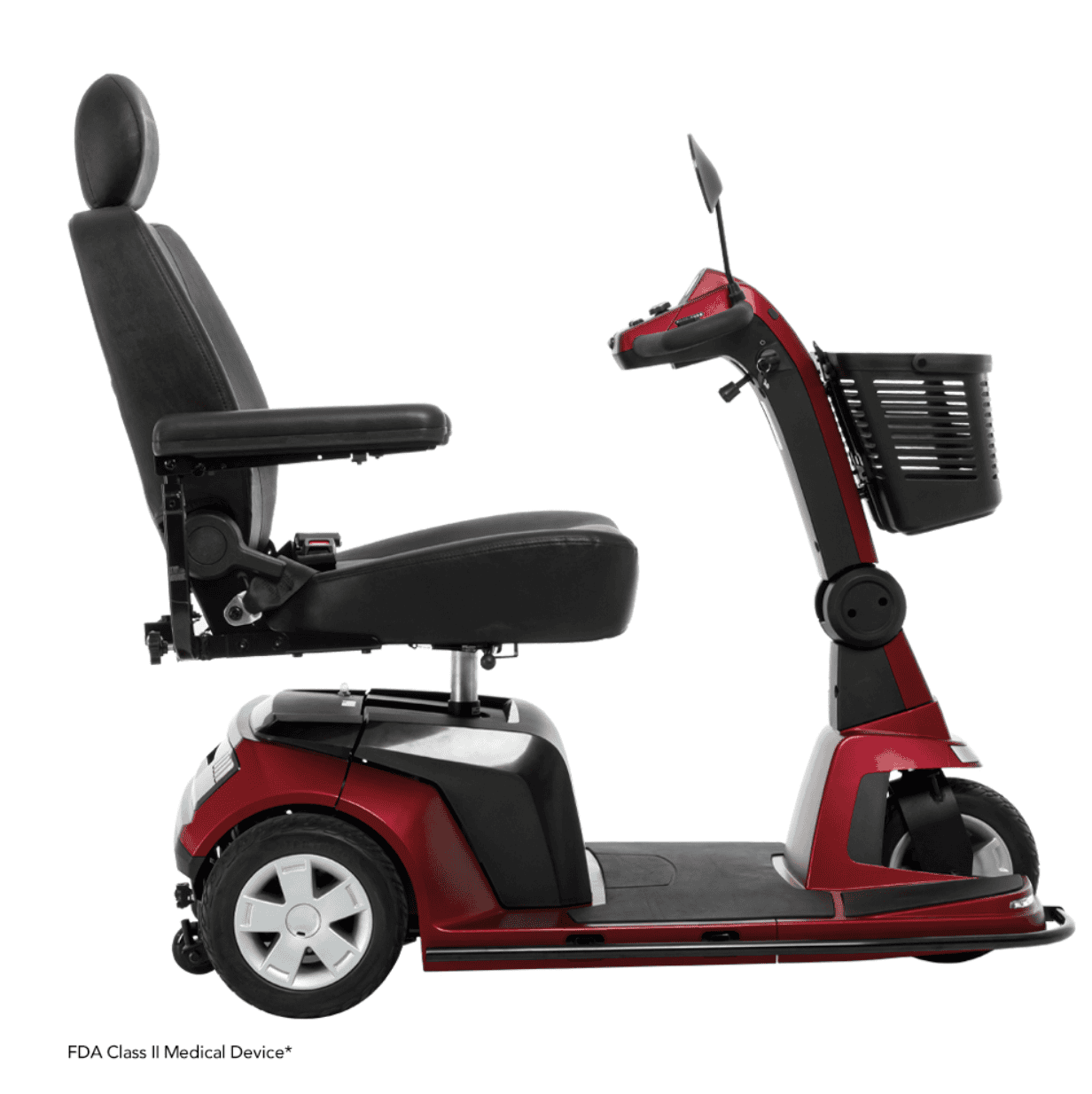 Pride Maxima 3 and 4-wheel mobility scooter with padded seat for home care support.