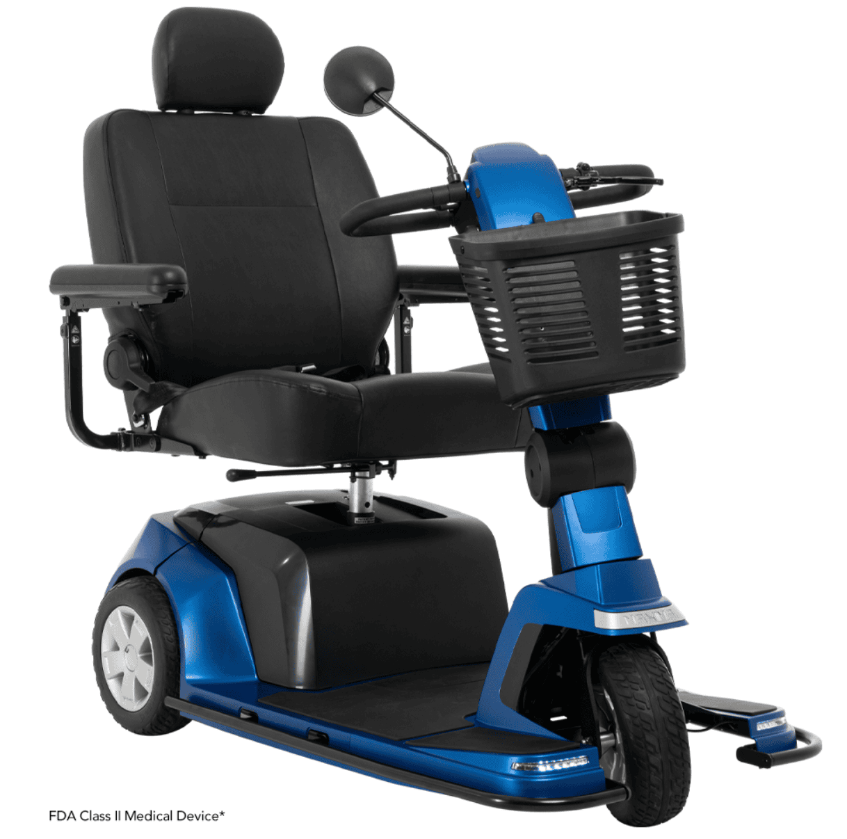 Blue Pride Maxima 3-wheel mobility scooter with padded seat for home care support.