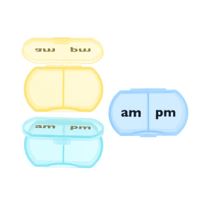 BIOS Mini Pillpods, 3 Pack, color-coded, am/pm labels for home medication organization.