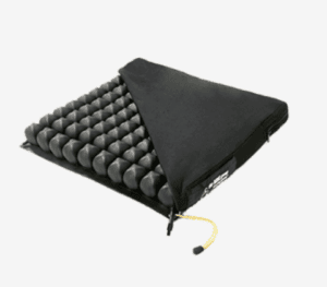 Black air cell wheelchair cushion with inflation valve for pressure relief and mobility support.