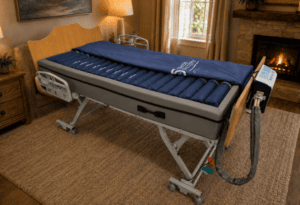Permobil Neptune Edge Low Air Loss hospital bed with side rails for home care.