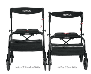 HumanCare neXus 3 Wide Rollators, Standard and Low models for mobility support in home care.