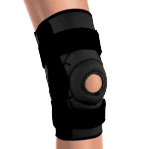 Black knee brace with circular opening for mobility support and home care.
