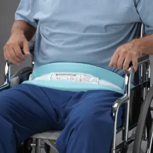 Posey Pelvic Soft Belt secures wheelchair user for home care mobility support.