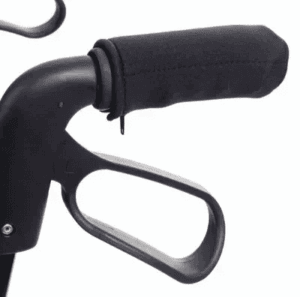 Walker handle with soft foam grip and ergonomic brake for mobility support and home care.