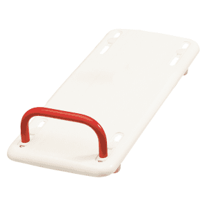 Etac Rufus Plus Bath Board with red safety handle for safe bathtub transfers, ideal for home care.