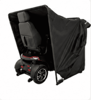 MOVO ME-60 mobility scooter in black shelter provides weather protection and easy access for mobility support.