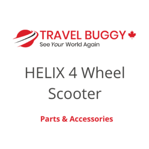 TravelBuggy logo for HELIX 4 Wheel Scooter mobility parts; supports home and medical use.