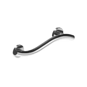 Curved metal grab bar for bathroom mobility, secure wall mounts, ideal home care aid.
