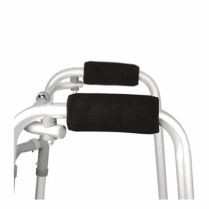 Walker with padded black handles for comfort, ideal for home care mobility support.