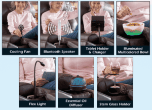 Woman using Cloud+ PR511 Power Lift Recliner with tablet holder, ideal for home mobility support.