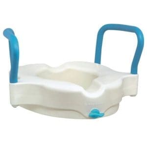 Drive AquaSense Raised Toilet Seat with blue armrests, front lock, for home mobility support.
