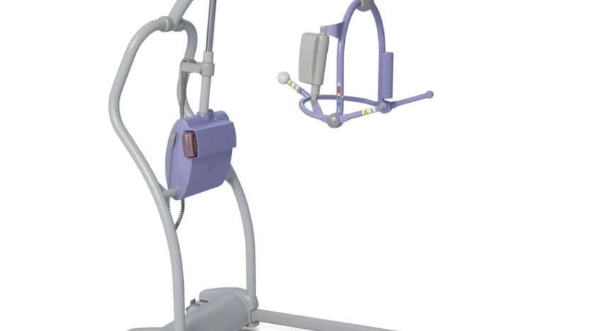 Arjo Maxi Twin Floor Lift with purple sling, ideal for safe patient transfer in home care.