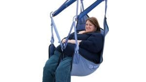 Arjo Bariatric Loop Hammock Sling, divided legs, adjustable straps; for home care mobility support.