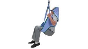 Patient lift sling for home care mobility support, blue fabric, safely suspends elderly user.