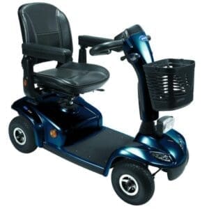 Invacare Leo 4-wheel mobility scooter, cushioned seat, for personal transportation support.