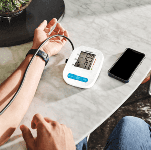 HoMedics Upper Arm Blood Pressure Monitor with Voice Guidance for home health and medical monitoring.