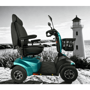 Teal MOVO Brome 4-Wheel Mobility Scooter with basket for outdoor mobility support.
