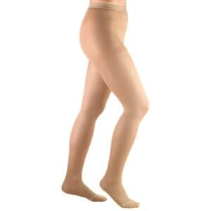 Compression pantyhose for mobility support, sheer nude style, ideal for home medical care.