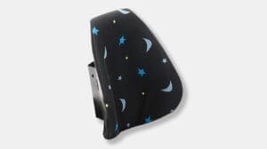 Pediatric headrest, black with blue accents, for Motion Concepts Matrx Mini Back mobility support.