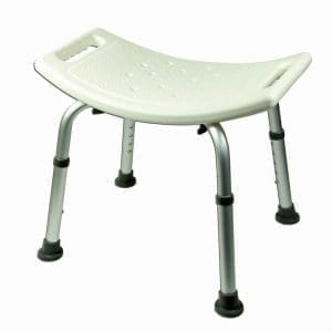 Shower chair with adjustable legs and handles for safe home care and mobility support.