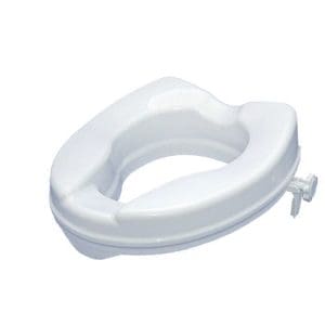 Raised toilet seat, contoured white plastic with adjustable clamp, for home care mobility support.