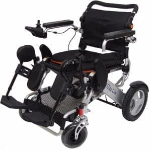 Electric wheelchair with joystick control, padded seat, mobility support for home care.