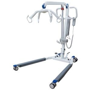 Patient lifting hoist with spreader bar and remote for safe home mobility or medical transfers.