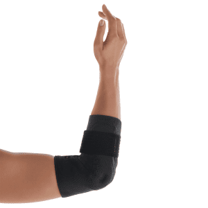 Adjustable black elbow brace with strap for mobility support and home care arm protection.