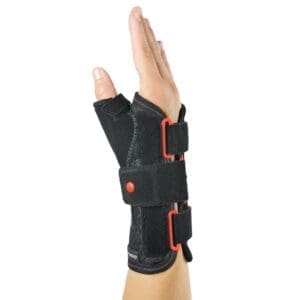 DonJoy RespiForm+ Wrist-Thumb Brace, black with red accents; adjustable straps for mobility support.