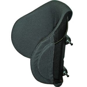 Wheelchair headrest, black contoured design, textured fabric; adjustable support for mobility and home care.