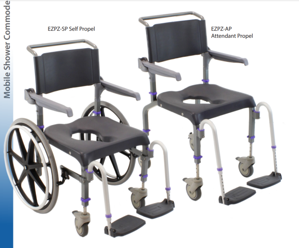 RAZ, EZPZ Attendant Propel / Self Propel Non-Tilting Shower Commode Chairs (19"W seat)