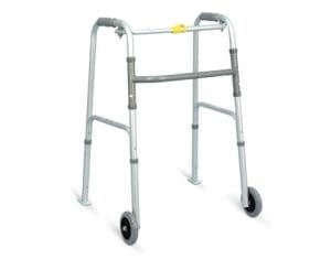 Lightweight silver walker with front wheels and rubber grips for home mobility support rental.