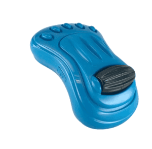 Ergonomic blue computer mouse, paw-shaped, inspired by HoMedics massager for home care use.