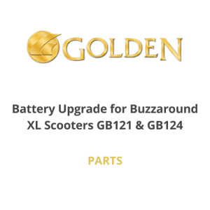 Golden logo above "Battery Upgrade for Buzzaround XL Scooters GB121/GB124" for mobility support.