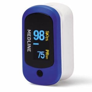Medline Finger Pulse Oximeter displays oxygen and pulse for home medical monitoring.