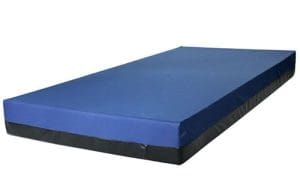 Medical support mattress with blue top, black sides for home care or mobility assistance.