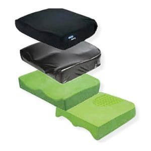 Motion Concepts Matrx PS Cushion layers for mobility support, featuring dual green foam and protective covers.