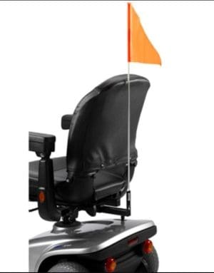 Invacare mobility scooter with black seat, armrests, and ACC140 bright orange safety flag for mobility support.