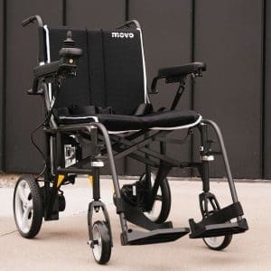 MOVO Libby Electric Folding Power Wheelchair with joystick, large wheels; mobility support equipment.