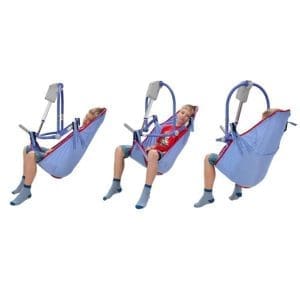 Arjo Clip Sling with Padded Legs MAA4000M supports child in lift for home mobility care.