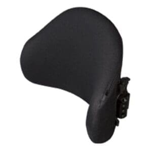 Black contoured wheelchair headrest with side bracket for mobility support and medical comfort.