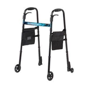 Medline folding walker with 5" wheels, adjustable legs; ideal for home mobility support.