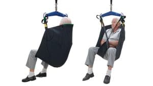 Arjo Loop in Situ Sling with padded legs, black fabric, for elderly mobility and home care.