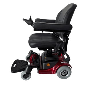 MOVO Moon Transportable Powerchair in red/black with joystick, padded seat; ideal for mobility support.