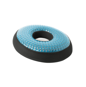 ObusForme gel seat cushion, ergonomic with central hole, for mobility support and home care comfort.