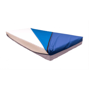 Permobil Optima 2 Signature medical mattress, blue cover, exposed white foam for home care comfort.