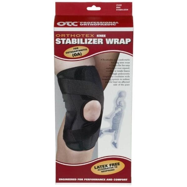 OTC OA Orthotex Knee Stabilizer Wrap, latex-free support for osteoarthritis, mobility aid.