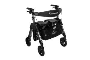 Stander EZ Fold-N-Go Rollator HD, black, four wheels, padded seat for mobility support.